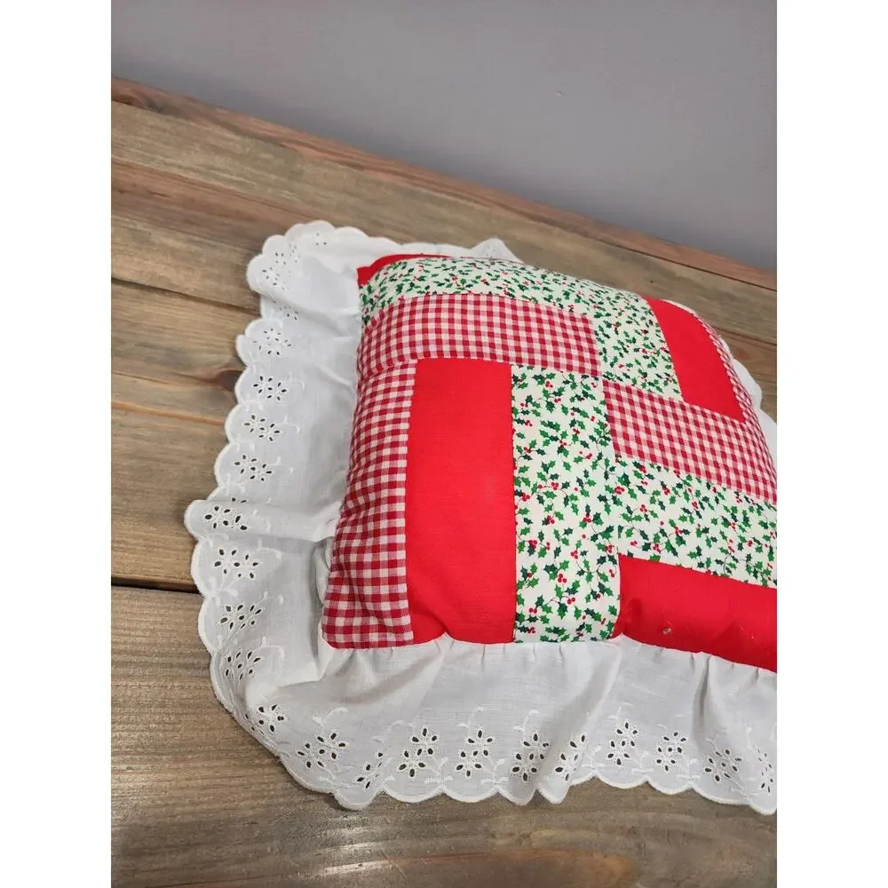 Vtg Handmade Christmas Throw Pillow Quilted Squares 10x10” Lace Edge Retro